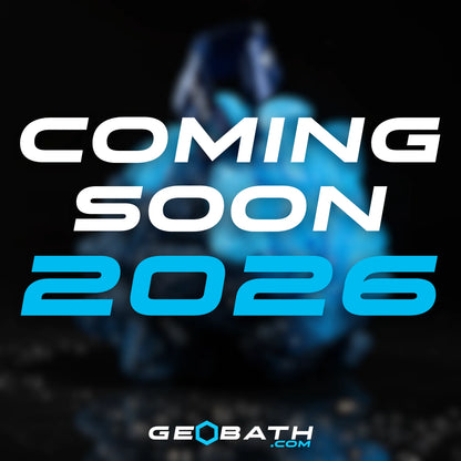 Promotional graphic with 'Coming Soon 2026' text and a blurred blue figure on a dark background, featuring the brand 'GeoBath'.