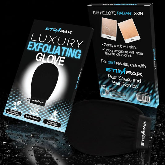 StimPak luxury exfoliating glove packaging on a dark background