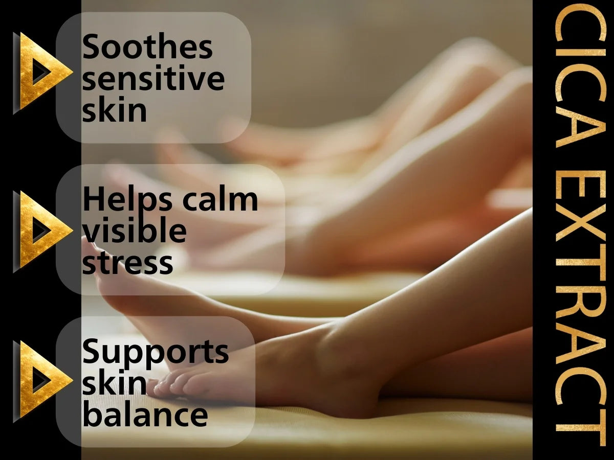 Close-up of feet with text highlighting benefits of CICA extract, featuring a blurred background.