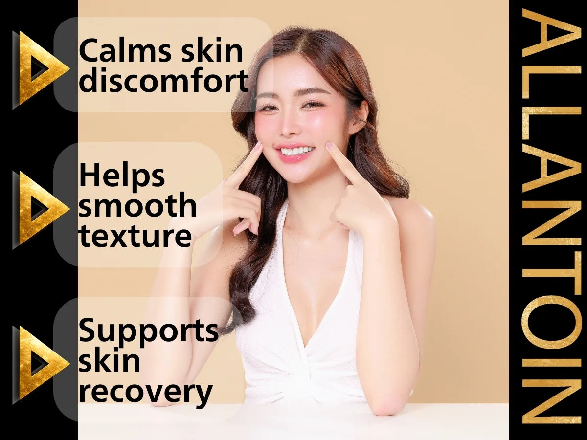 Woman pointing to her face with text about skin benefits on a beige background, featuring the benefits of 'ALLANTOIN'.