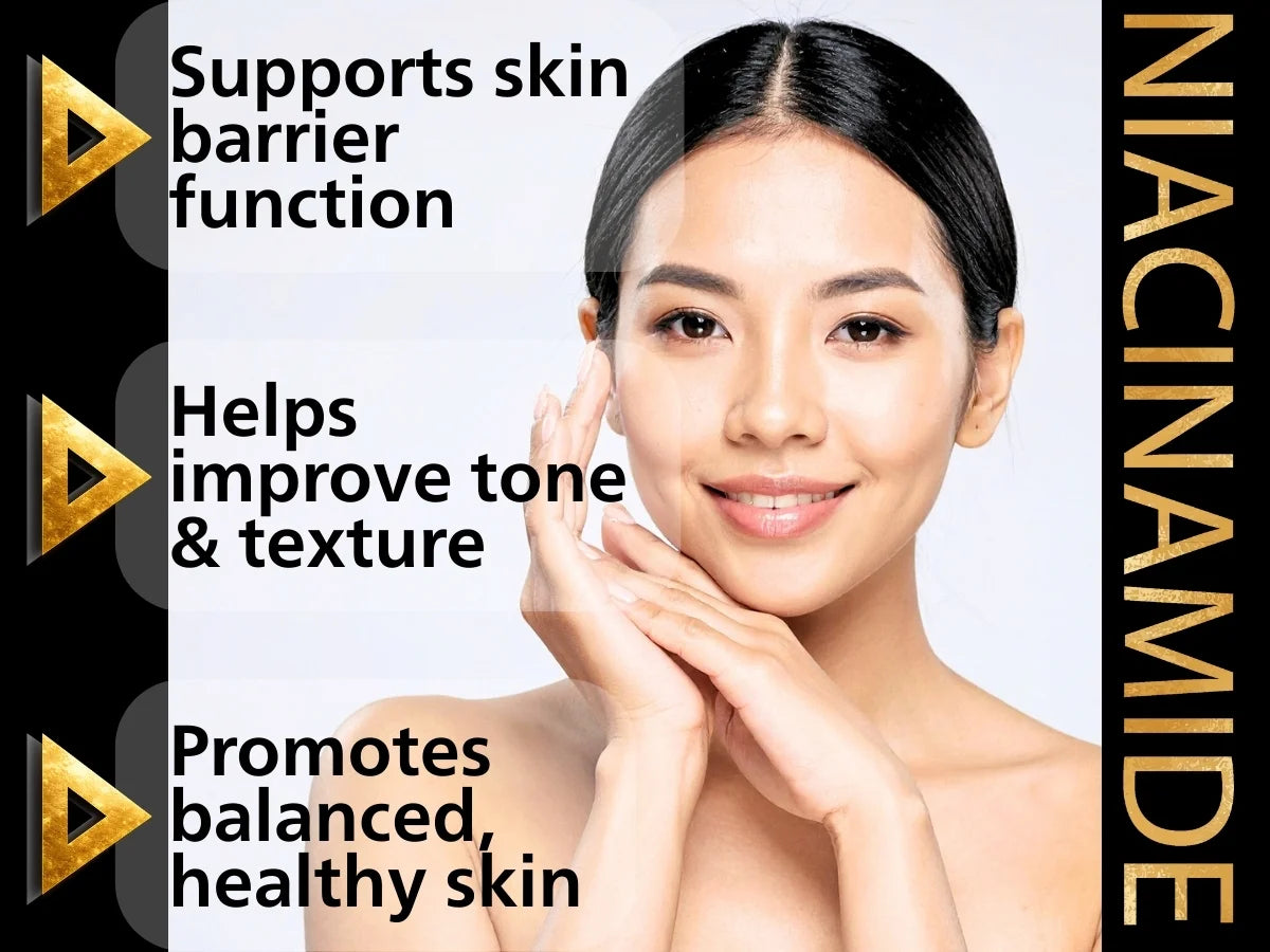 Woman with smooth skin holding her face, with text about niacinamide benefits on a white background