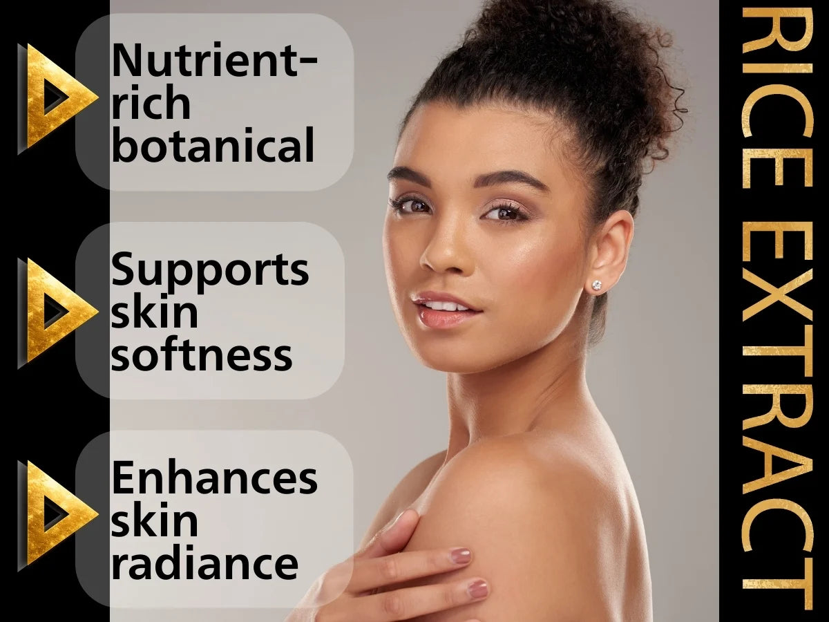 Woman with text highlighting benefits of rice extract, including nutrient-rich botanicals, skin softness, and radiance.