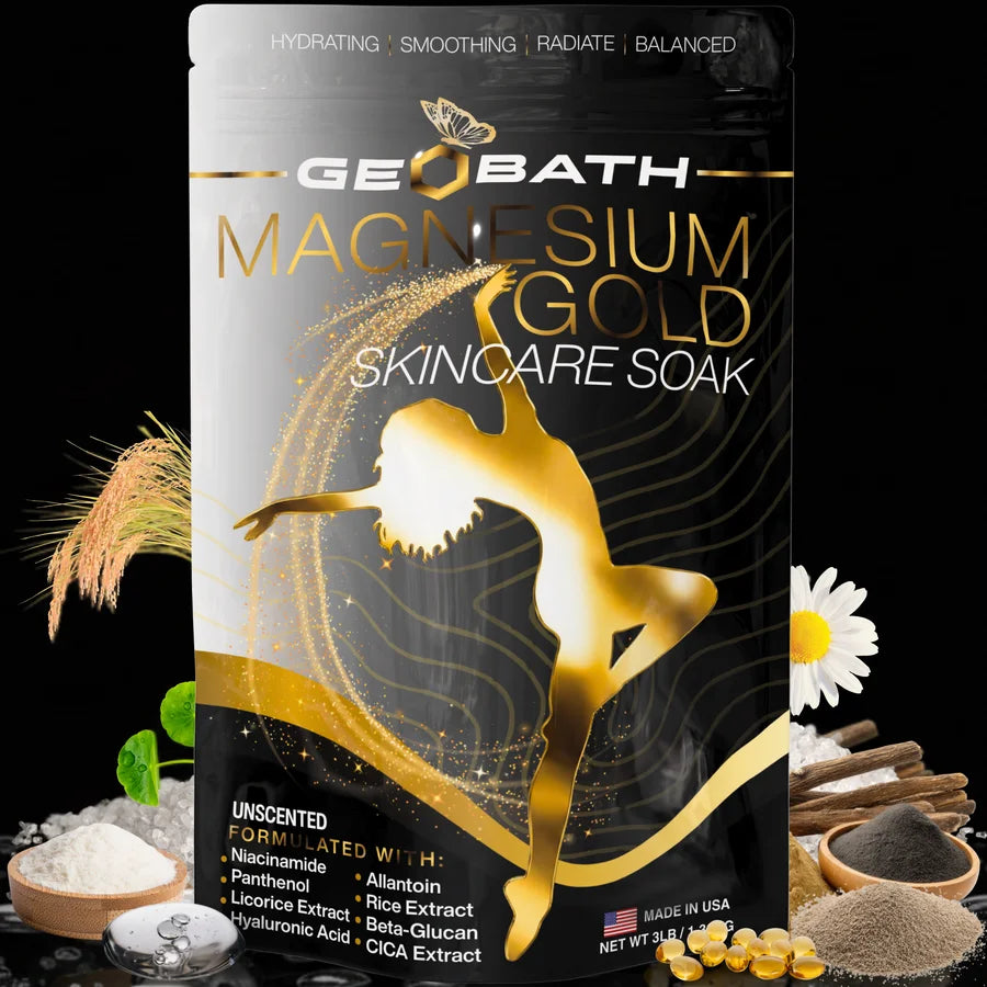 Geobath Magnesium Gold skincare soak packaging with gold silhouette and product ingredients on a black background.