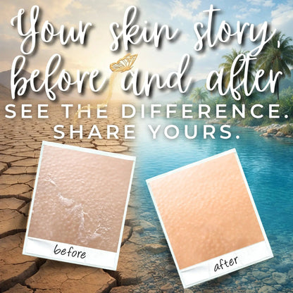 Before and after skin comparison with text overlay on a scenic background