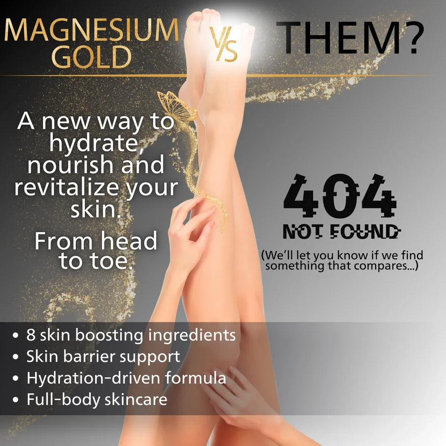 Advertisement for Magnesium Gold product with text and a person's legs.