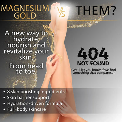Advertisement for Magnesium Gold product with text and a person's legs.