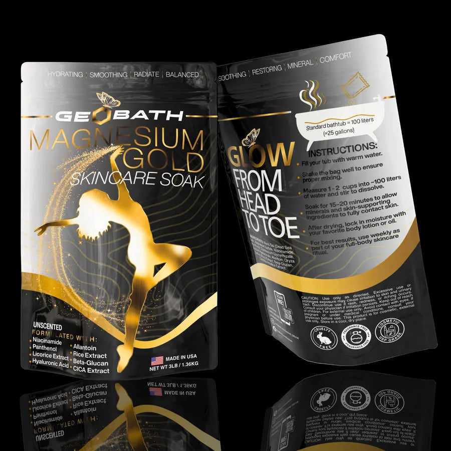 Two packages, front and back, of GeoBath Magnesium Gold Skincare Soak on a black background