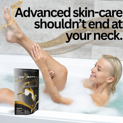 Woman in a bathtub with Magnesium Gold packaging, promoting advanced skin care.