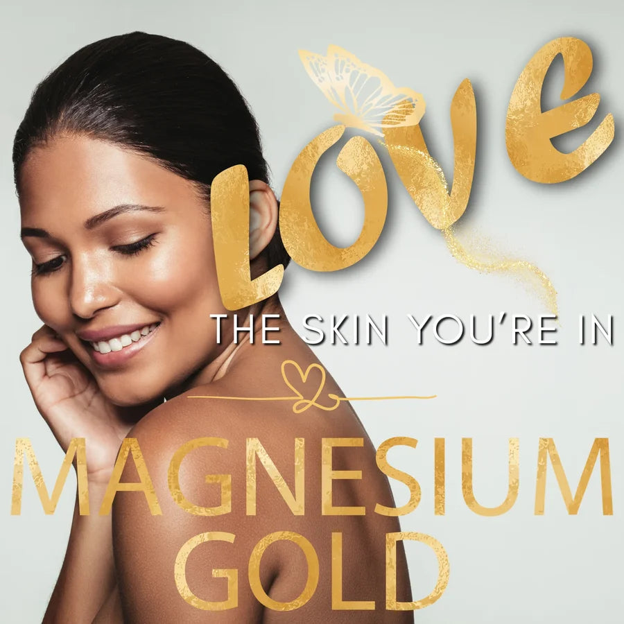 Advertisement for Magnesium Gold with a woman and gold text on a light gray background