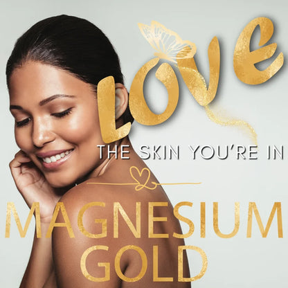 Advertisement for Magnesium Gold with a woman and gold text on a light gray background