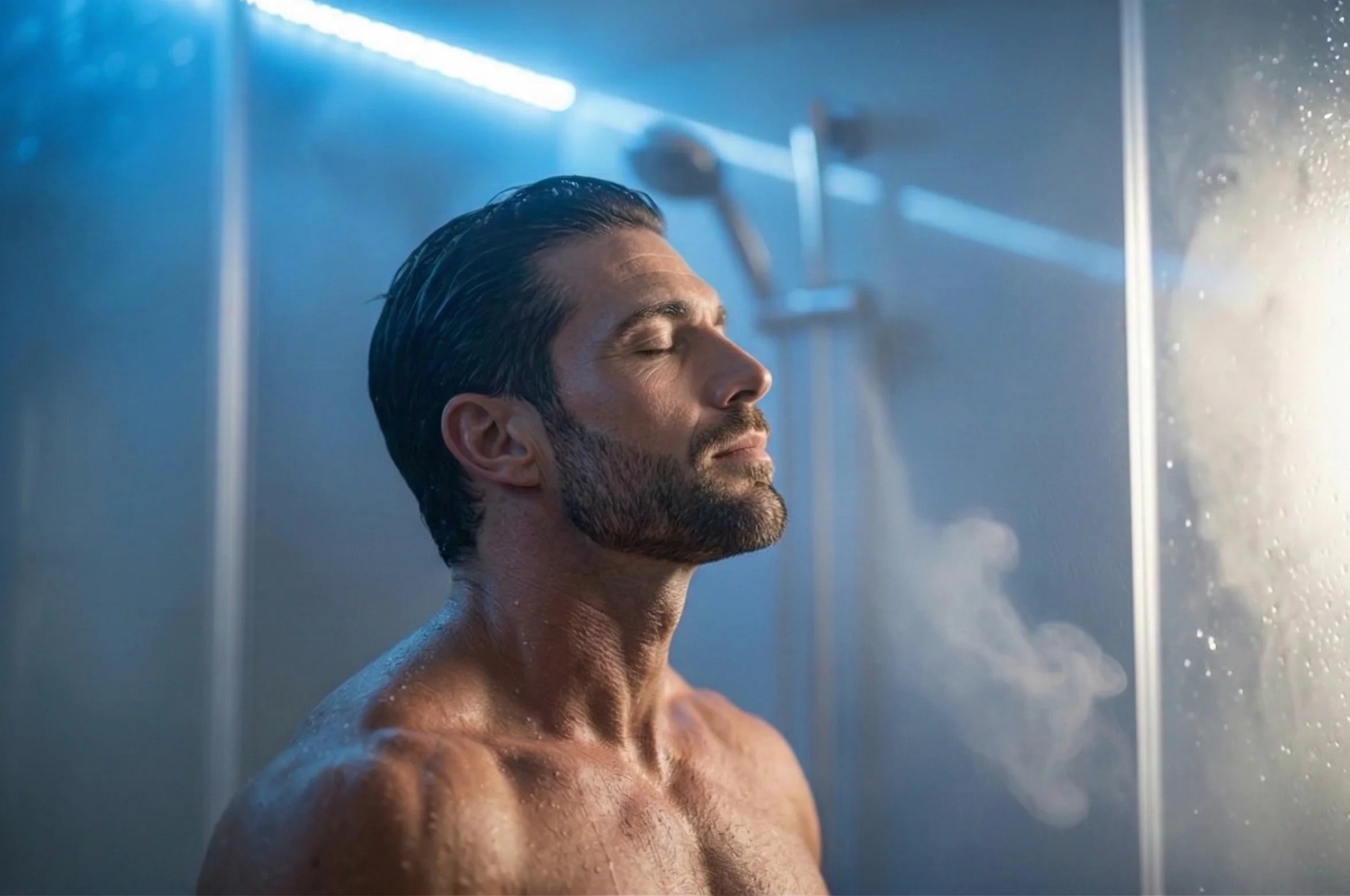 Man standing under a shower with steam in a modern bathroom