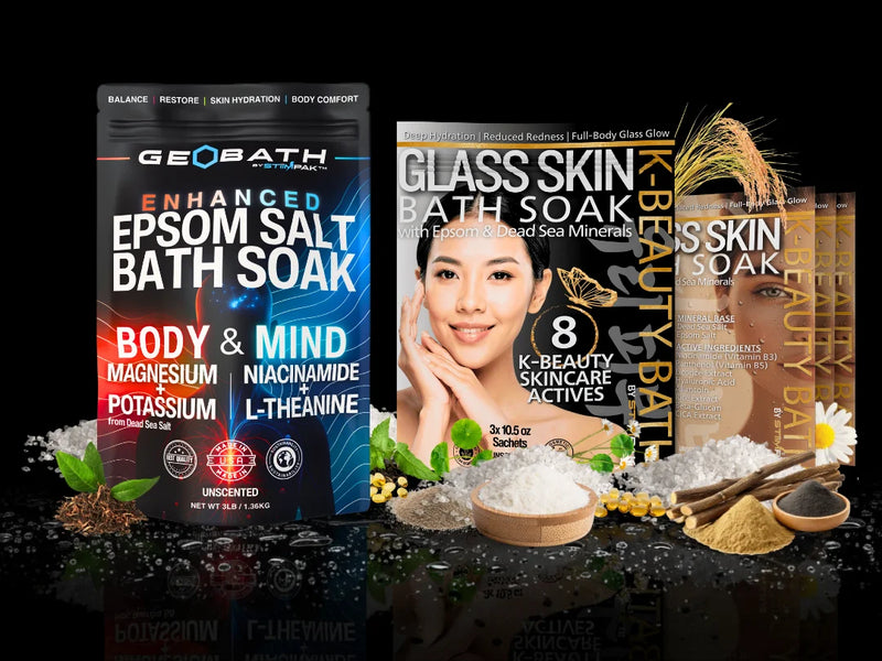 Two bath soak packages with branding and product details on a black background