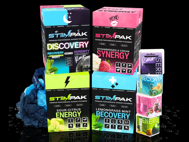 Collection of StimPak product boxes on a black background