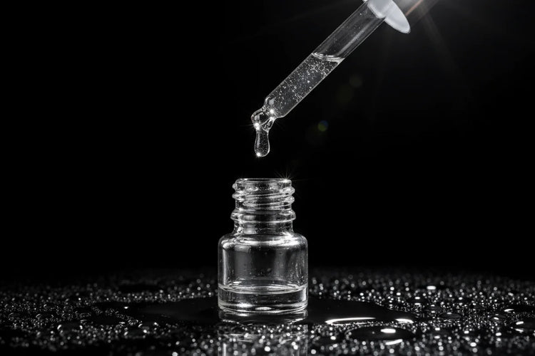 Glass dropper bottle with clear liquid on a black background