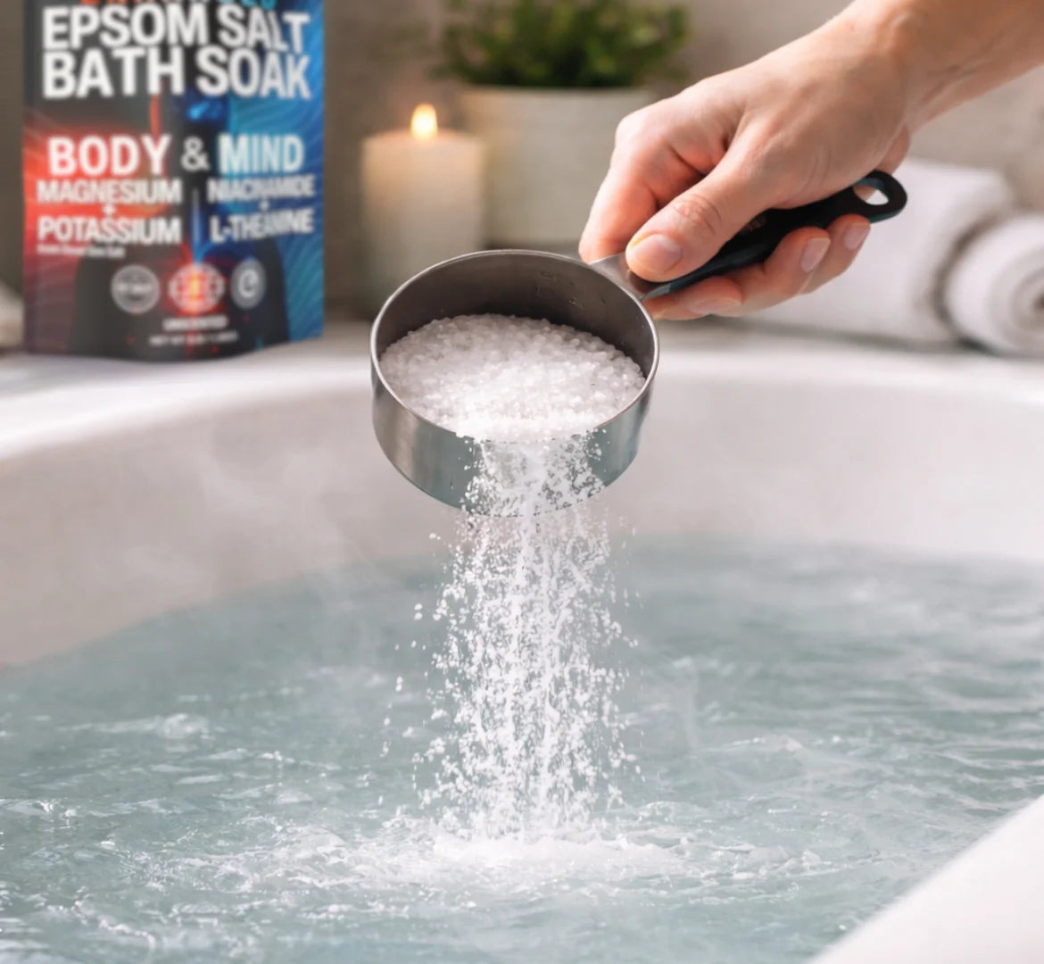 Person adding Epsom salt to a bathtub with a bag of Geobath Enhanced Epsom salt in the background.