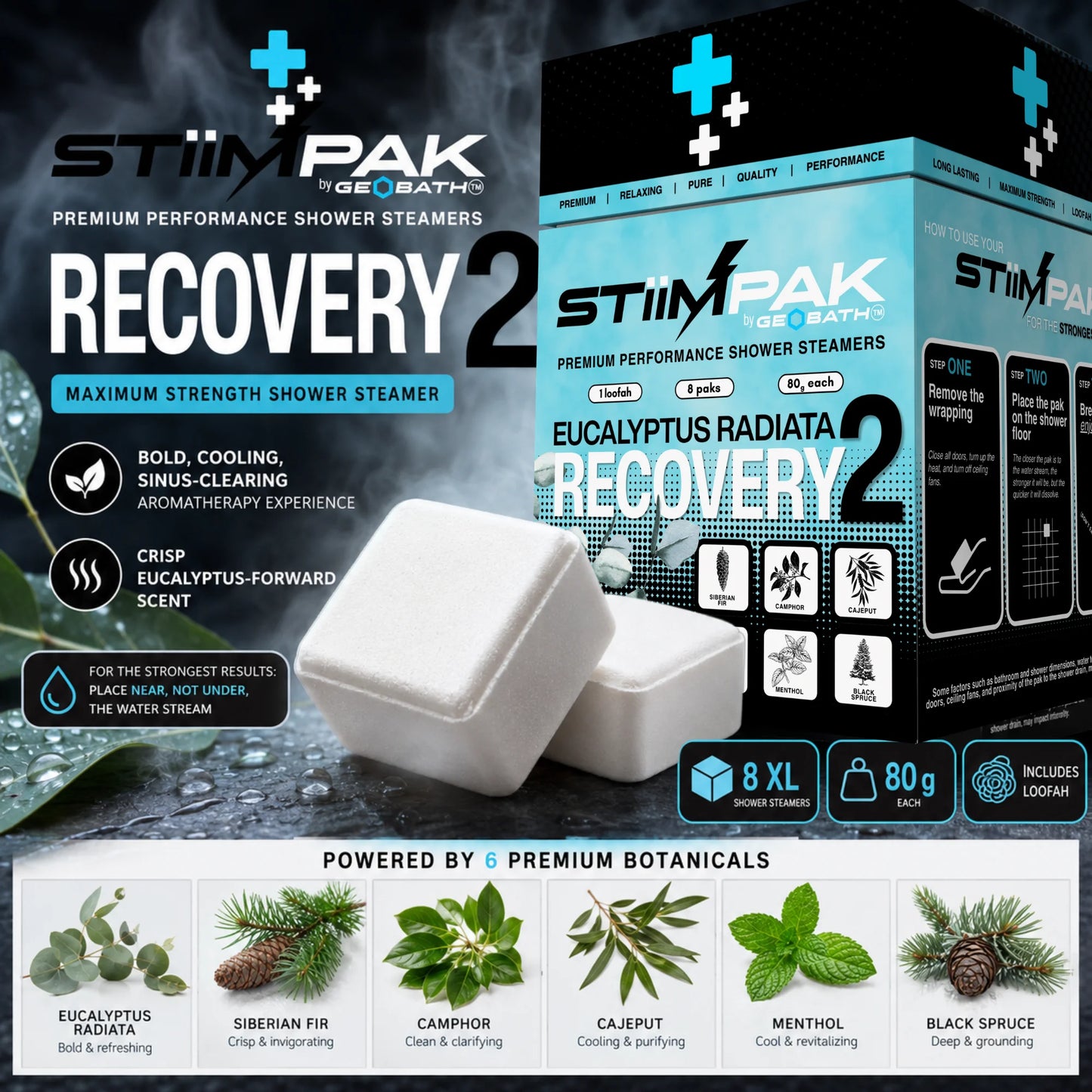 STiiMPAK Recovery 2 shower steamer packaging and two white cube-shaped steamers shown on a dark promotional background with botanical ingredient icons along the bottom.