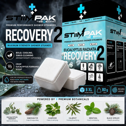 STiiMPAK Recovery 2 shower steamer packaging and two white cube-shaped steamers shown on a dark promotional background with botanical ingredient icons along the bottom.
