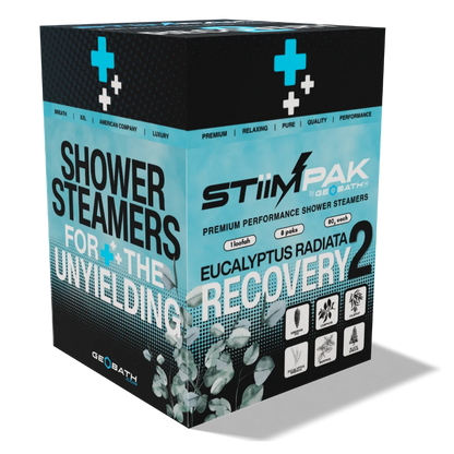 Stiimpak Shower Steamers box, specifically the Eucalyptus Radiata Recovery 2 variant. The packaging is black and light blue with white and gray text, featuring eucalyptus leaf graphics at the bottom.