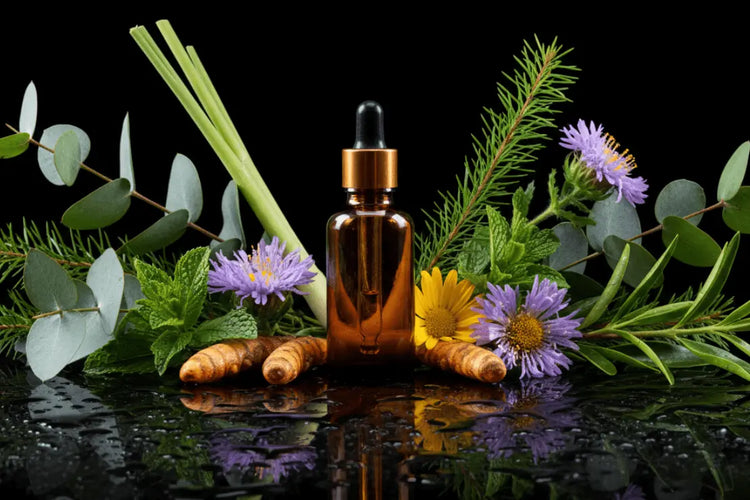 A glass dropper bottle with herbs and flowers on a reflective surface