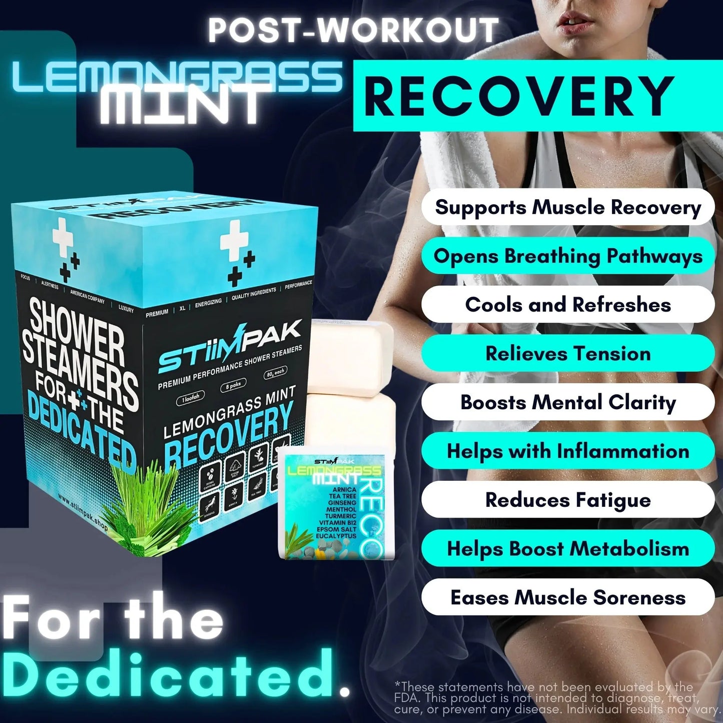StiimPak shower steamers for post-workout recovery with product packaging and benefits listed.