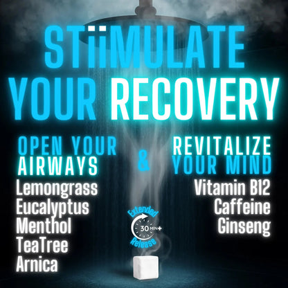 Product with text 'Stimulate Your Recovery' and ingredients listed, set against a dark background.