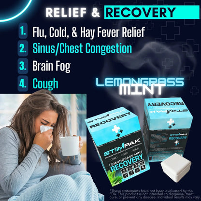 Product packaging for 'Recovery' with a woman blowing her nose, labeled for flu, cold, hay fever relief, and other symptoms.