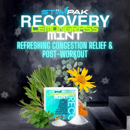 STIMPAK Recovery Lemongrass Mint product with lemongrass, mint leaves, and a flower on a dark background.