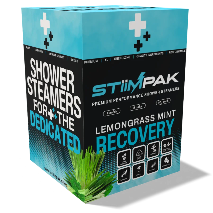 Box of StiimPak shower steamers with lemongrass mint scent on a white background