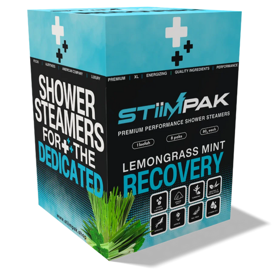 Box of StiimPak shower steamers with lemongrass mint scent on a white background