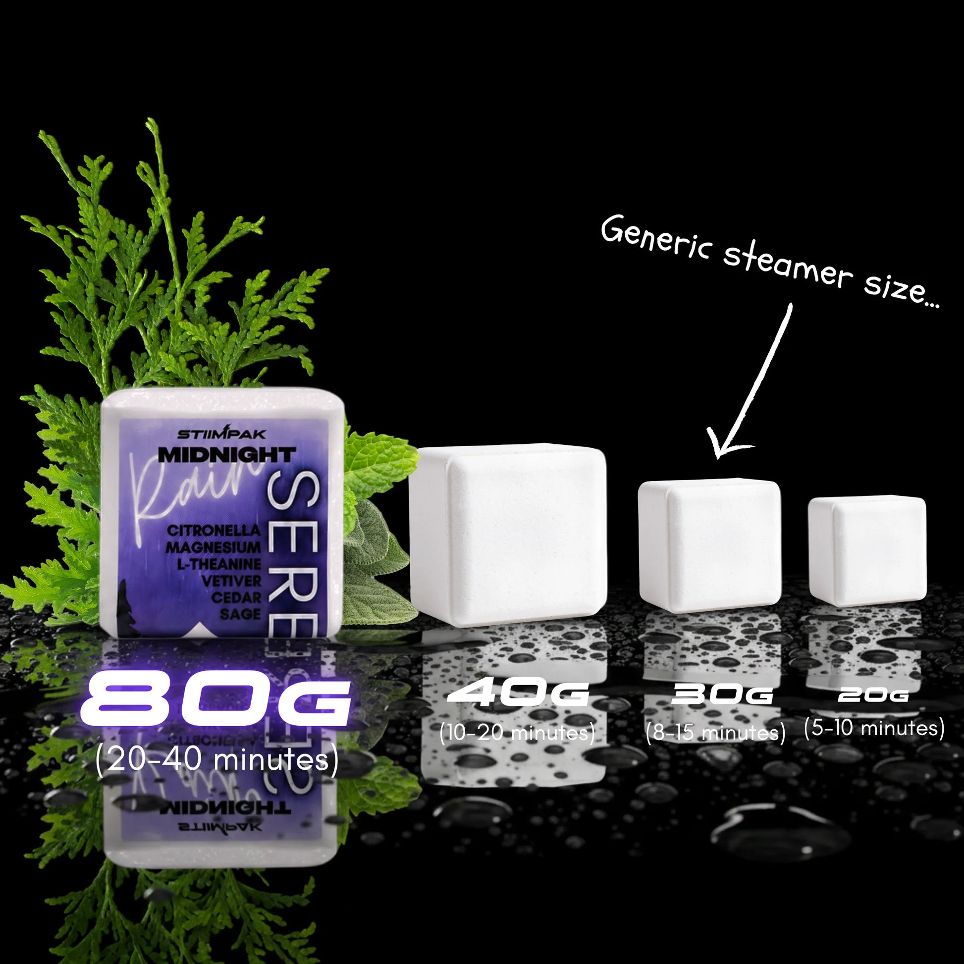 Shower Steamers in three sizes on a black reflective background with green leaves, white text reading 'Generic steamer size above 30G steamer size.