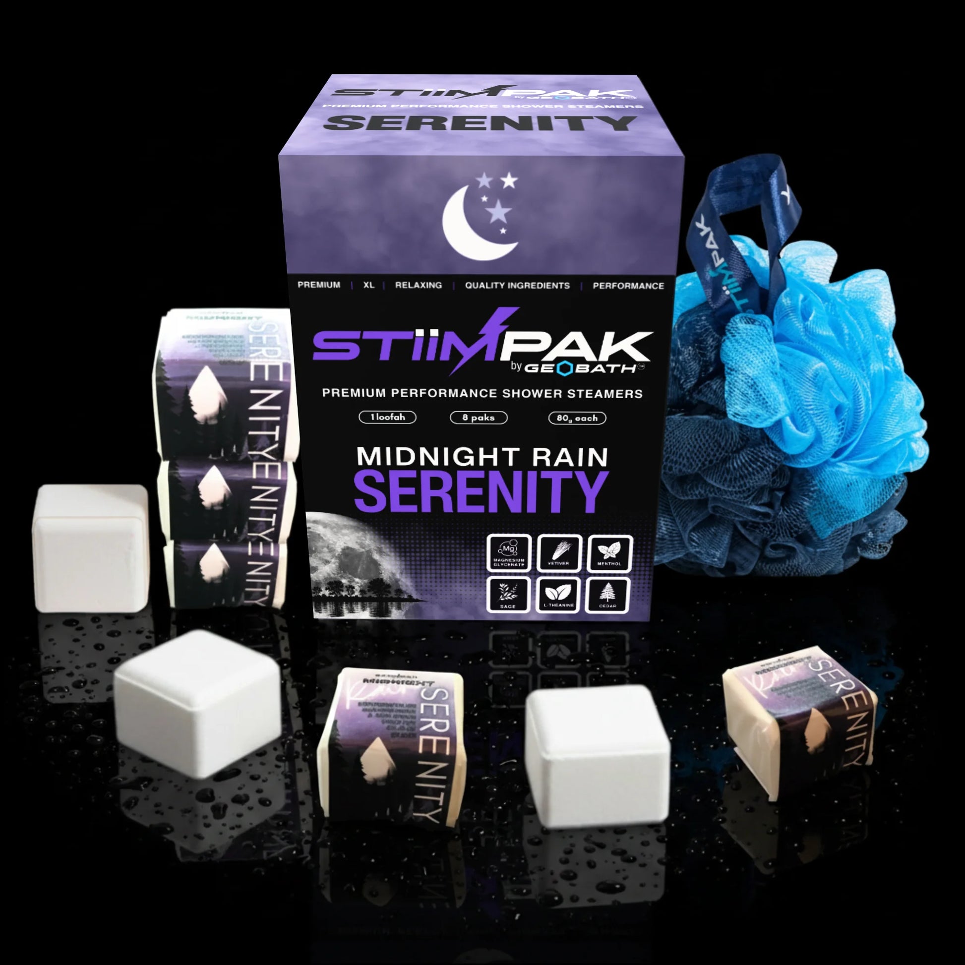 STiiMPAK Serenity Midnight Rain shower steamer display, featuring a purple branded box, several wrapped cube packets, and four white square steamer cubes arranged on a glossy black reflective surface. A blue loofah is also present