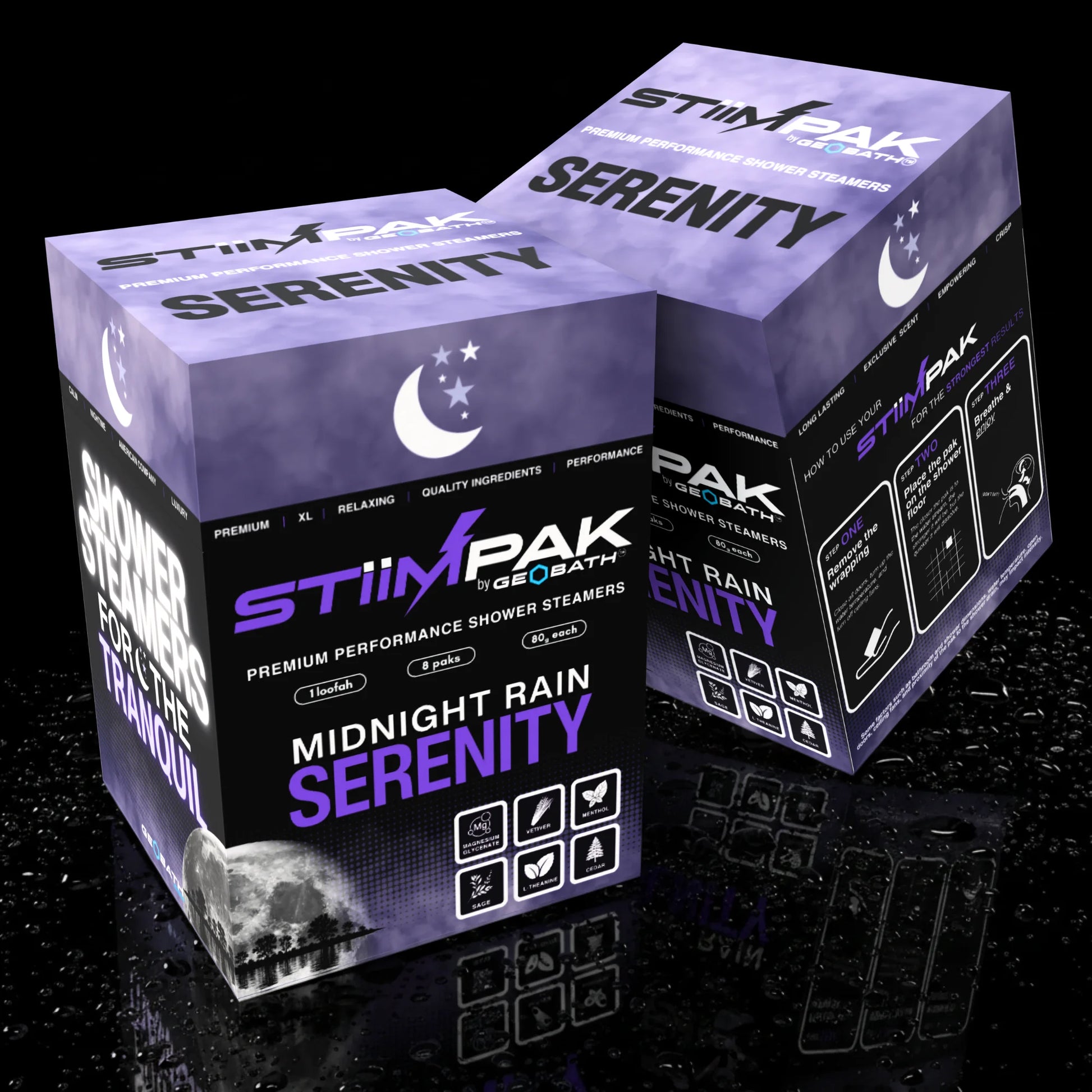 Serenity Midnight Rain Shower steamer boxes showing front and back views on a dark reflective background. The boxes are predominantly purple and black with white and purple text, and the front box reads 'Midnight Rain Serenity.