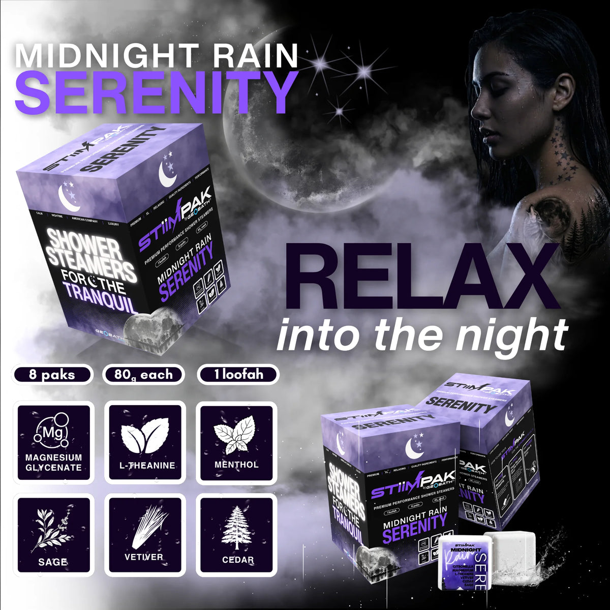 Midnight Rain Serenity shower steamers, showing product boxes, a woman in the background, and ingredient icons including magnesium glycinate, L-theanine, menthol, sage, vetiver, and cedar.
