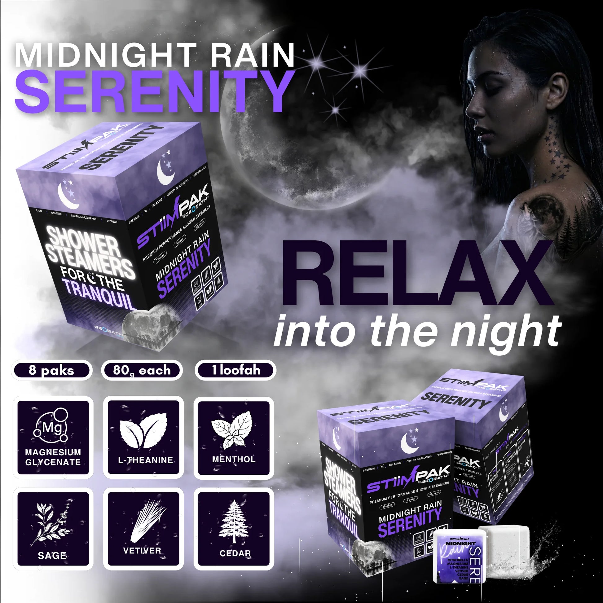 Midnight Rain Serenity shower steamers, showing product boxes, a woman in the background, and ingredient icons including magnesium glycinate, L-theanine, menthol, sage, vetiver, and cedar.