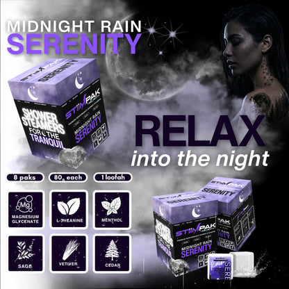 Midnight Rain Serenity shower steamers, showing product boxes, a woman in the background, and ingredient icons including magnesium glycinate, L-theanine, menthol, sage, vetiver, and cedar.