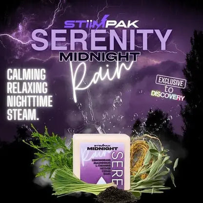 StiimPak Serenity Midnight Rain product with nature elements and promotional text on a dark background