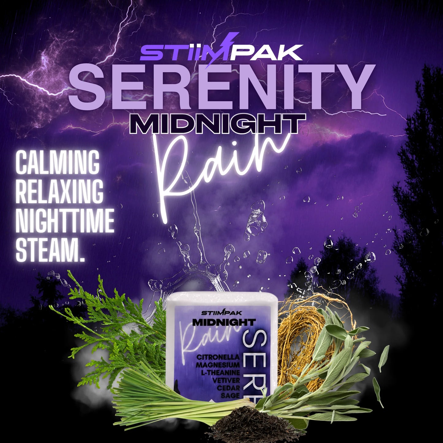 STiiMPAK Serenity Midnight shower steamer. The shower steamer in the foreground surrounded by green herb, set against a dramatic purple background depicting a storm with lightning and the text 'CALMING RELAXING NIGHTTIME STEAM.