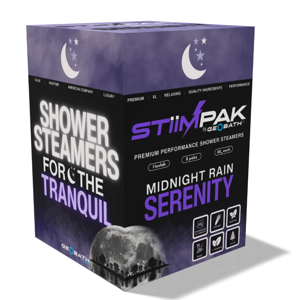 STiiMPAK Shower Steamers, specifically the 'Midnight Rain Serenity' scent. The packaging features a dark purple and black color scheme with a crescent moon and stars graphic at the top, bold white and purple text, and a moonlit forest illustration at the bottom.