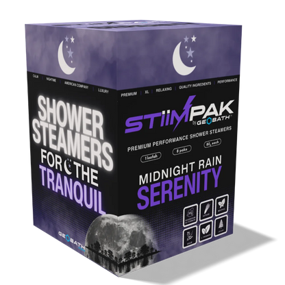 STiiMPAK Shower Steamers, specifically the 'Midnight Rain Serenity' scent. The packaging features a dark purple and black color scheme with a crescent moon and stars graphic at the top, bold white and purple text, and a moonlit forest illustration at the bottom.