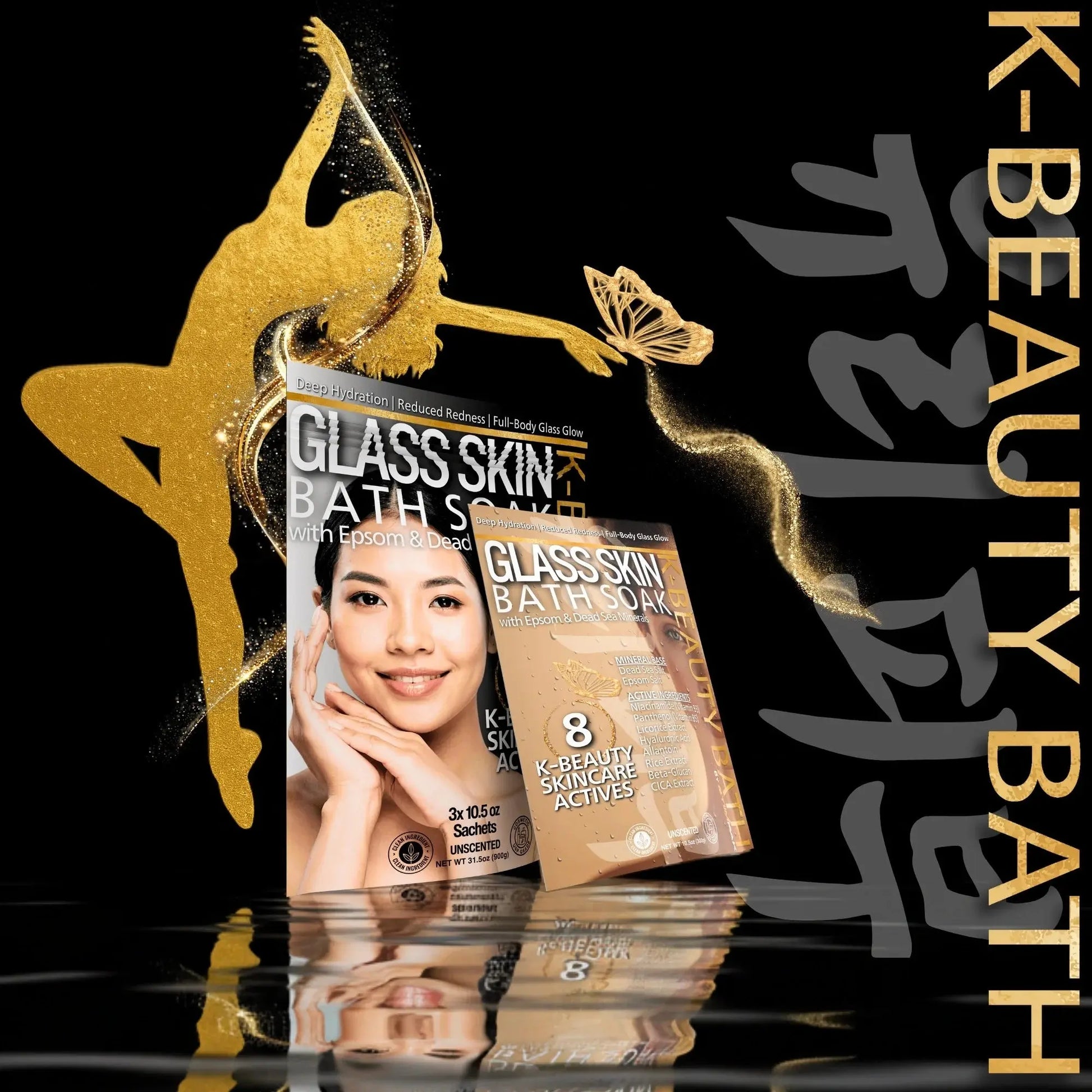 Glass Skin Bath Soap packaging with a gold silhouette of a woman on a black background, featuring the brand 'K-Beauty Bath'.