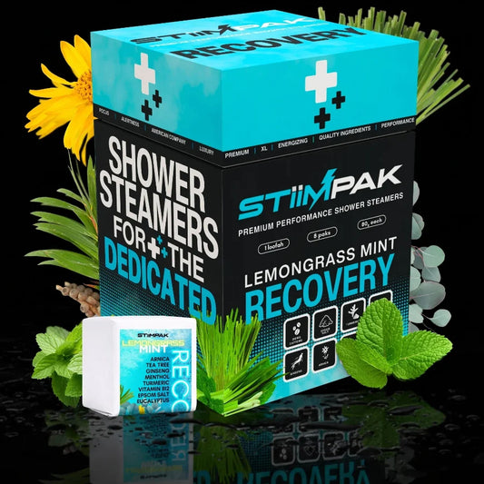STIIMPAK Lemongrass Mint Recovery shower steamers packaging with greenery on a reflective surface.