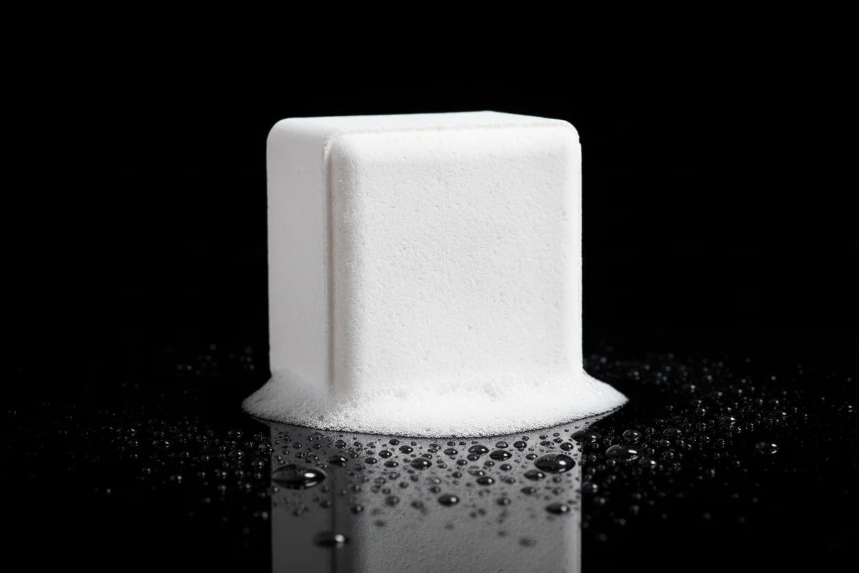 Shower Steamer dissolving into fizz on a black reflective background