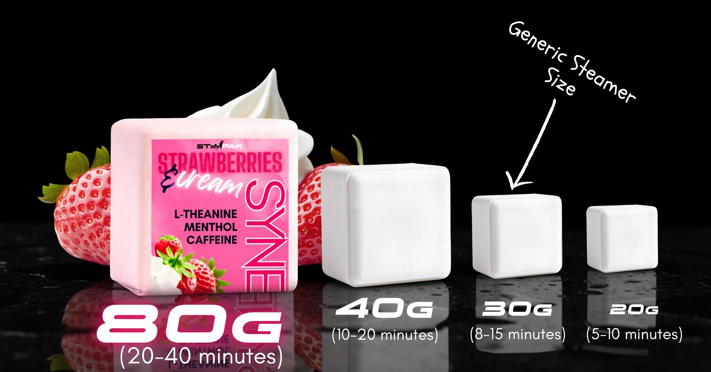 Strawberries & Cream scented steamer with size comparison on a black background