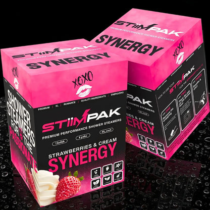 Two boxes of StiimPak Synergy shower steamers on a black textured background