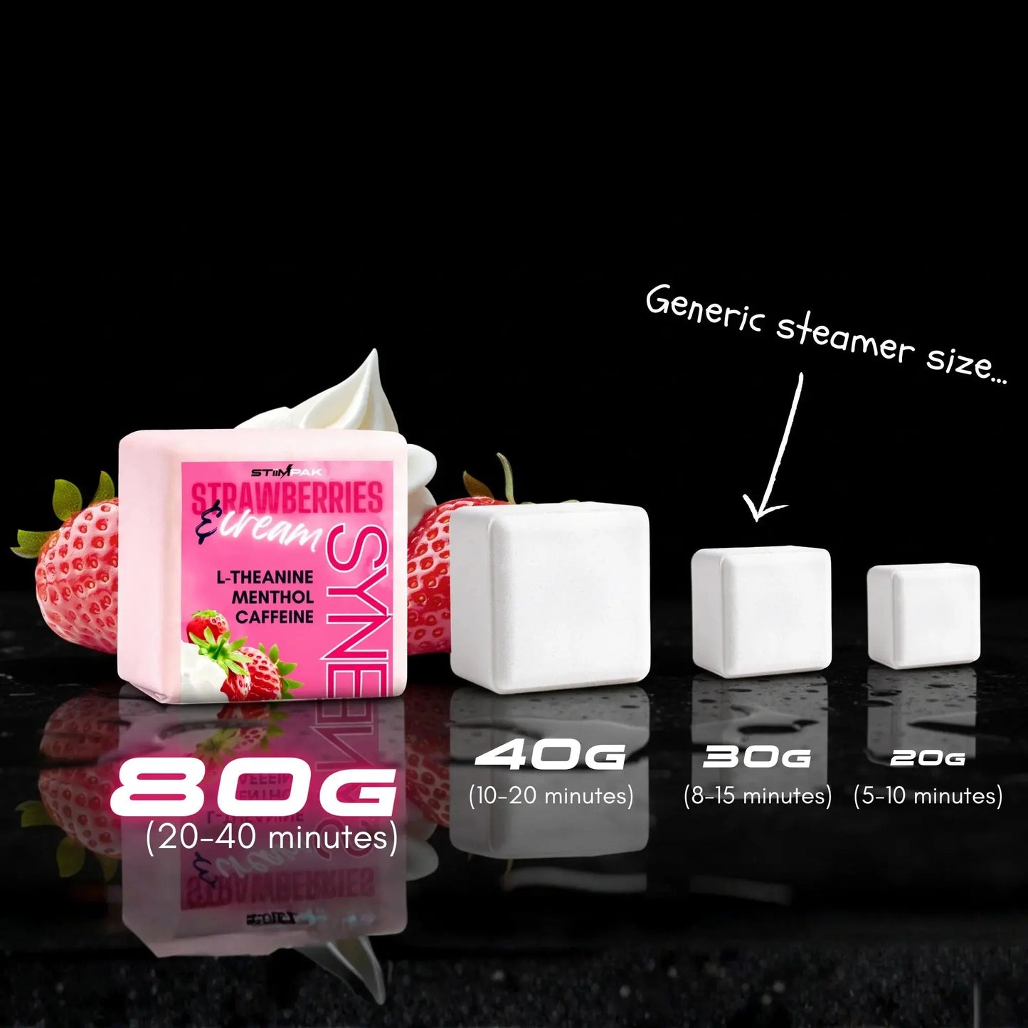Synergy shower steamers comparison to generic steamers on reflective black background