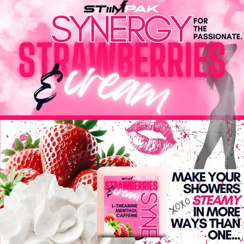 Promotional image for 'Synergy Strawberries & Cream' with strawberries, cream, and a person in the background.