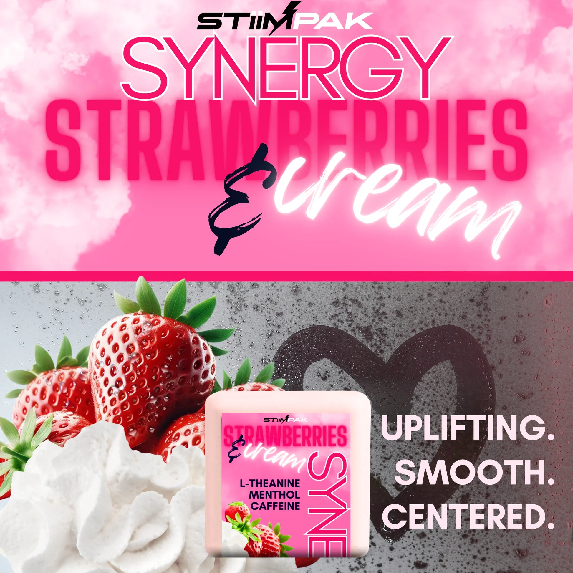 Synergy shower steamer with strawberries and cream on a pink and white background
