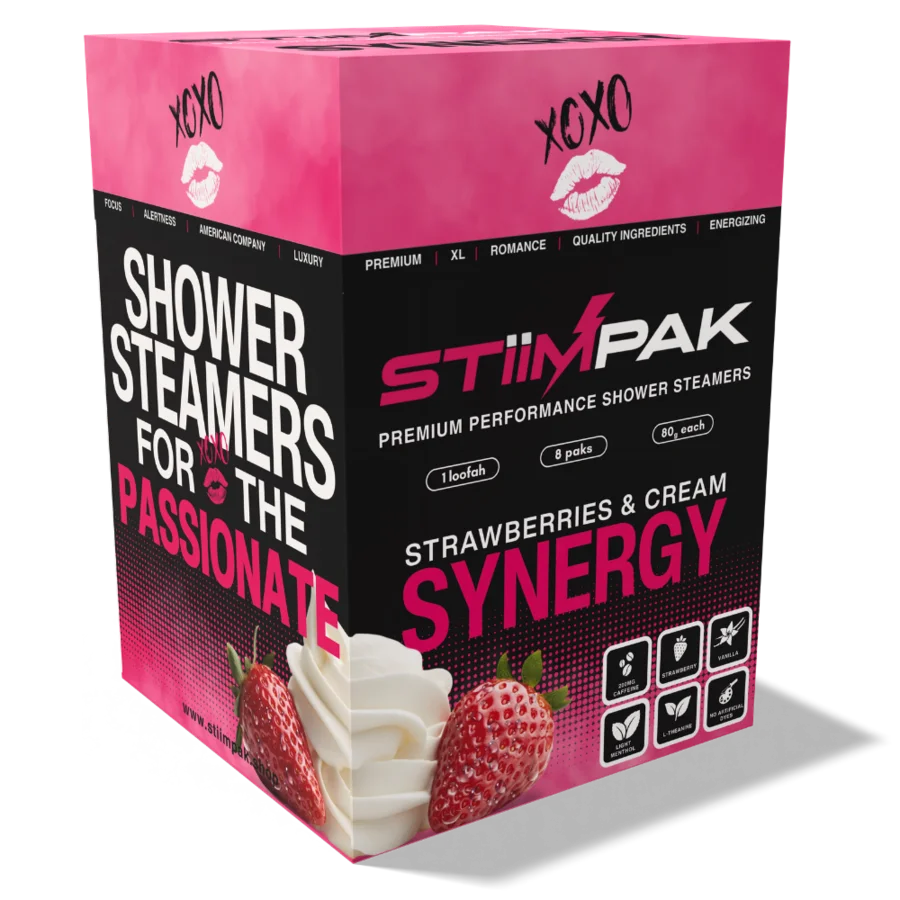 Box of Stiimpak shower steamers with pink and black design, featuring strawberries and cream scent.