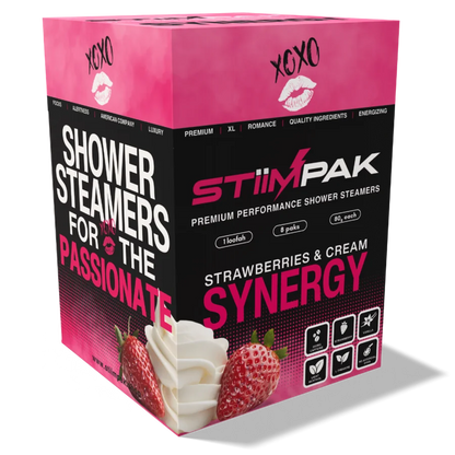 Box of Stiimpak shower steamers with pink and black design, featuring strawberries and cream scent.