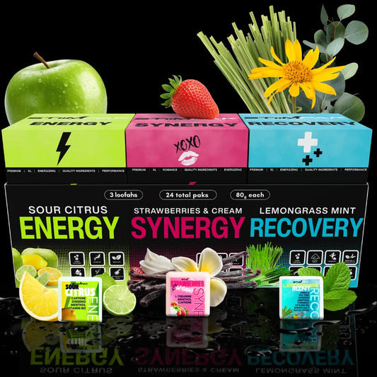 Triple Pak StimPak product packaging with various ingredients on a reflective surface.